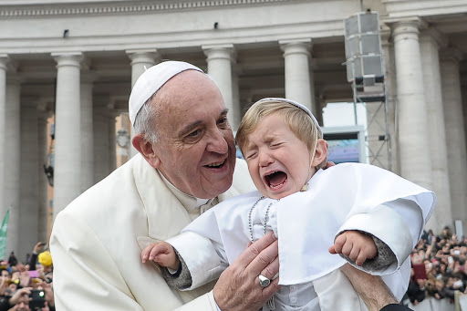 Pope Francis at audience kissing baby dressed as pope &#8211; pt