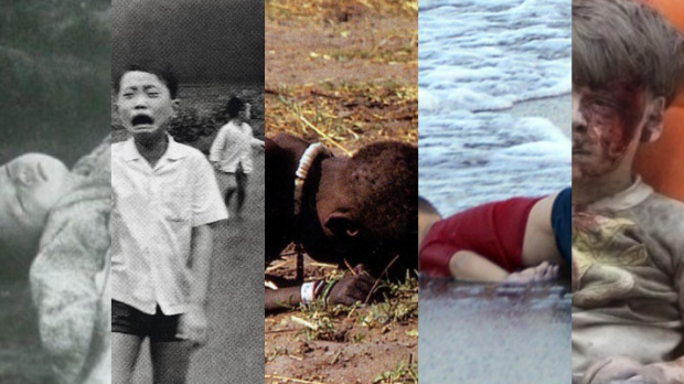 Fotos menino de Nagasaki, menina da bomba de Napalm, Sudão, Alan Kurdi e Omran Daqneesh