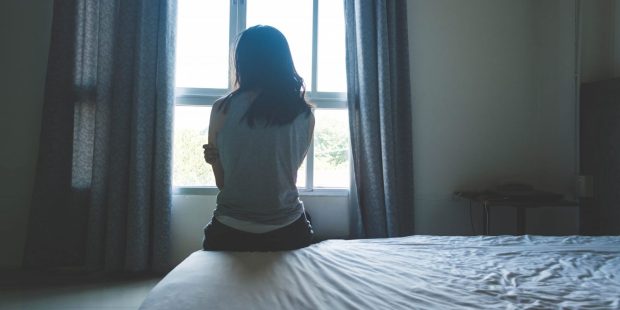 woman, bed, window,