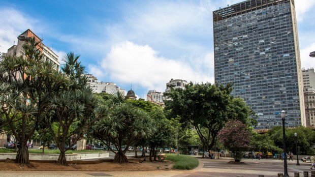 Sao Paulo, SP, Brazil, February 10, 2017. Facade of the Mirante do Vale or W. Zarzur Building seen from the Anhangabau Valley, downtown Sao Paulo. Tallest building in the city with 51 floors.