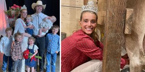 Mãe de 7 filhos ganha concurso de beleza e ordenha vaca em coroação