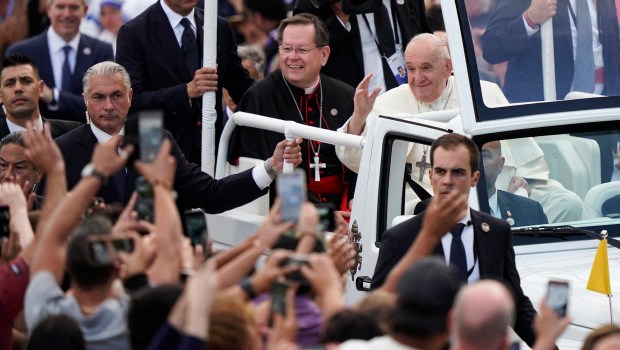 Pope-Francis-waves-to-the-crowd-as-he-departs-the-Citadelle-de-Québec-in-Quebec-City-Quebec-Canada-AFP
