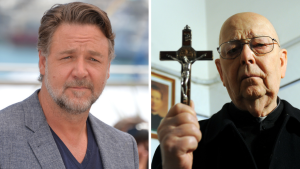 Ator Russell Crowe e o padre exorcista Gabriele Amorth