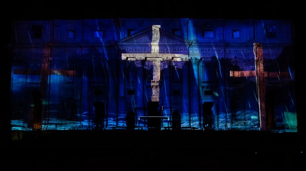 St. Peter’s Basilica facade is lit up with Seguimi a videomapping projection depicting the life of St Peter