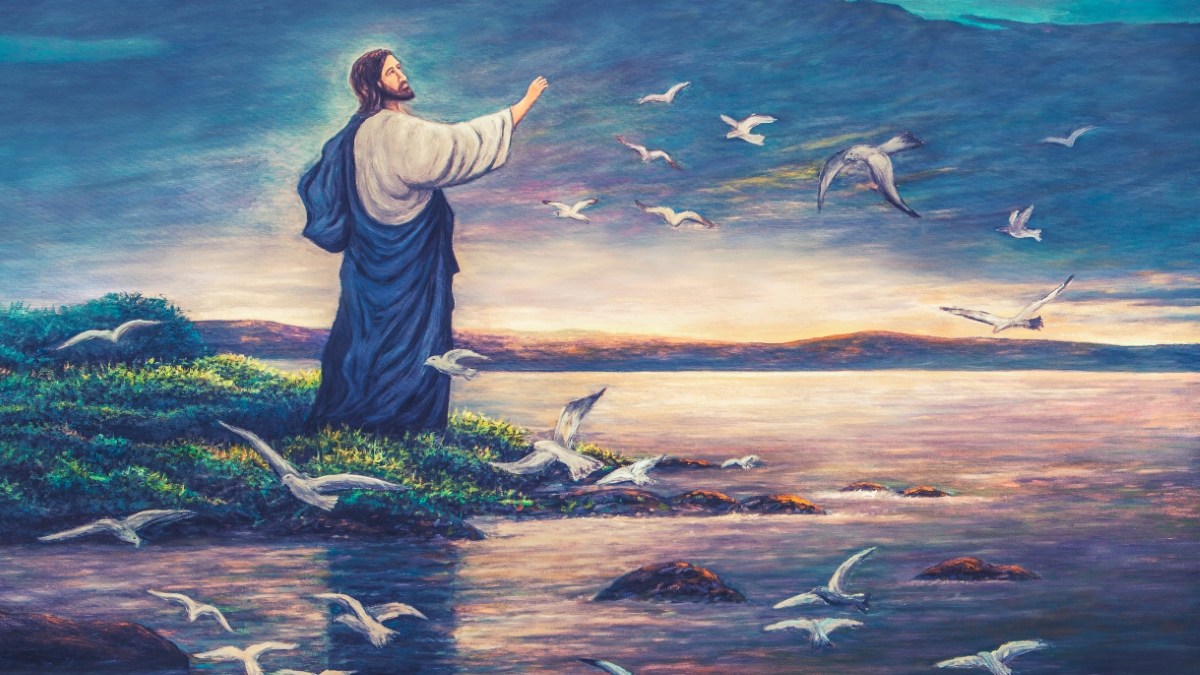 Jezus stoi nad brzegiem jeziora obraz olejny