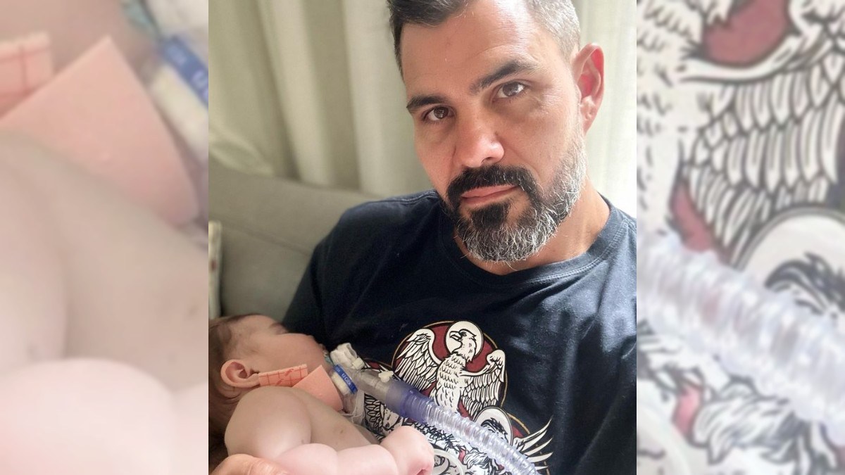 Ator Juliano Cazarré com a filha Maria Guilhermina de Guadalupe