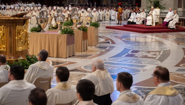 Pope Francis celebrates the Holy Chrism mass on April 05, 2023 in St. Peter's Basilica at The Vatican.