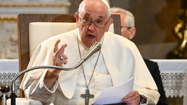 Pope Francis speaks during a meeting with bishops priests deacons consecrated persons seminarians and pastoral workers in St Stephen's cathedral in Budapest on April 28 2023