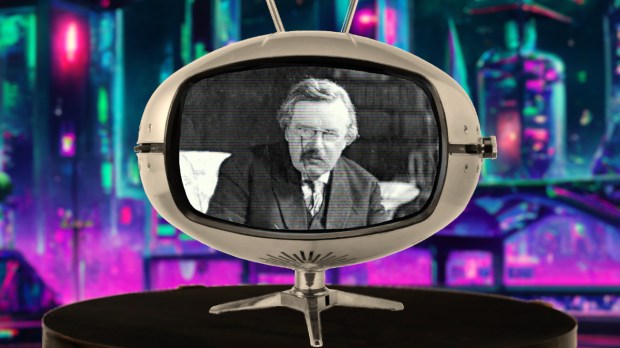 G.K. Chesterton shown on television in a futuristic setting