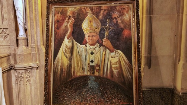 A painted portrait of St. John Paul II displayed at the Cathedral Basilica of the Sacred Heart in Newark, New Jersey