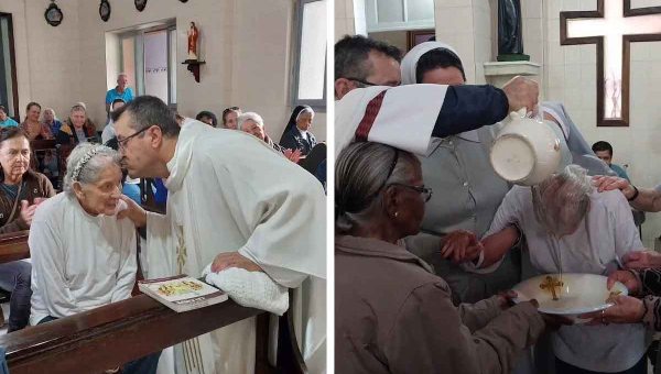 Idosa sendo batizada em asilo