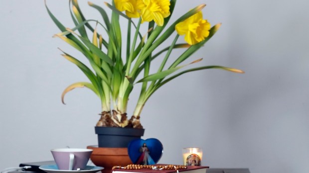 Altar montado em casa, com Bíblia, terço, vela e flores