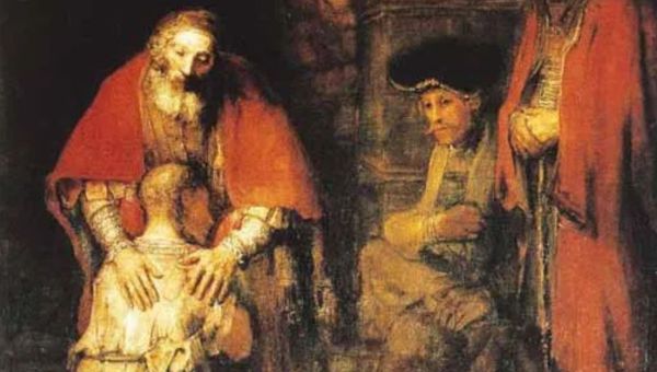 Rembrandt, Le retour du fils prodigue, 1667, musée de l’Ermitage à Saint-Pétersbourg © Wikipedia . Rembrandt, usé par la mort de son propre fils, a une soixantaine d'années lorsqu'il peint ce tableau. C'est l'intimité entre le père et son enfant qui est mise en évidence ici. La stature arrondie du père vient protéger l'enfant revenu. Le fils blotti, est peint comme un enfant venant s'appuyer contre les entrailles de son père. Délivré de ses démons, il comprend l'amour inconditionnel d'un père pour ses enfants. Inspirée du chapitre 15 de l'Évangile de Luc, cette toile du maître de l'âge d'or hollandais sert de support pour parler du sacrement de réconciliation et nous montrer le chemin de l'amour infini du Père pour entrer dans le miséricorde.