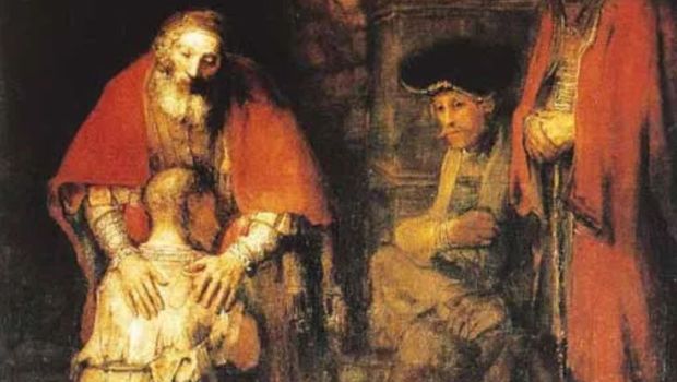 Rembrandt, Le retour du fils prodigue, 1667, musée de l’Ermitage à Saint-Pétersbourg © Wikipedia . Rembrandt, usé par la mort de son propre fils, a une soixantaine d'années lorsqu'il peint ce tableau. C'est l'intimité entre le père et son enfant qui est mise en évidence ici. La stature arrondie du père vient protéger l'enfant revenu. Le fils blotti, est peint comme un enfant venant s'appuyer contre les entrailles de son père. Délivré de ses démons, il comprend l'amour inconditionnel d'un père pour ses enfants. Inspirée du chapitre 15 de l'Évangile de Luc, cette toile du maître de l'âge d'or hollandais sert de support pour parler du sacrement de réconciliation et nous montrer le chemin de l'amour infini du Père pour entrer dans le miséricorde.