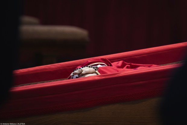 Coffin with body of Pope Francis displayed at Saint Peter's Basilica in Vatican on April 23, 2025.