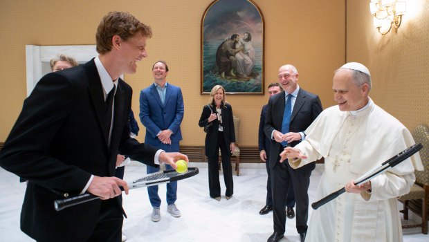 Pope Leo XIV during a private audience with Italy's tennis player Jannik Sinner