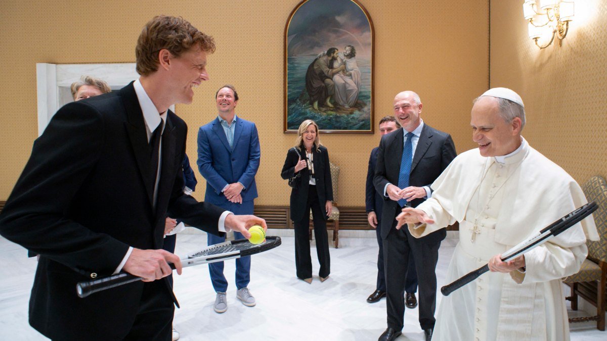 Pope Leo XIV during a private audience with Italy's tennis player Jannik Sinner